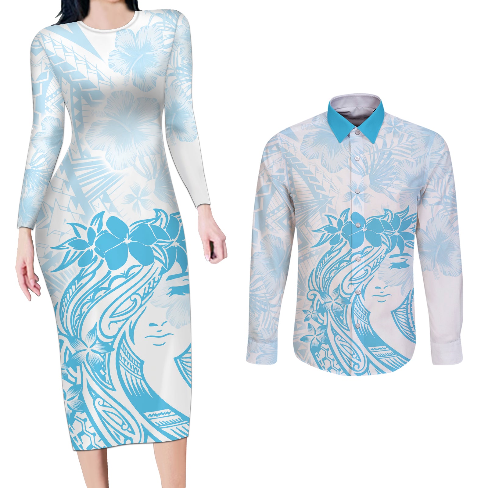 Polynesian Women's Day Couples Matching Long Sleeve Bodycon Dress and Long Sleeve Button Shirt Plumeria Passion - Turquoise LT7 Turquoise - Polynesian Pride