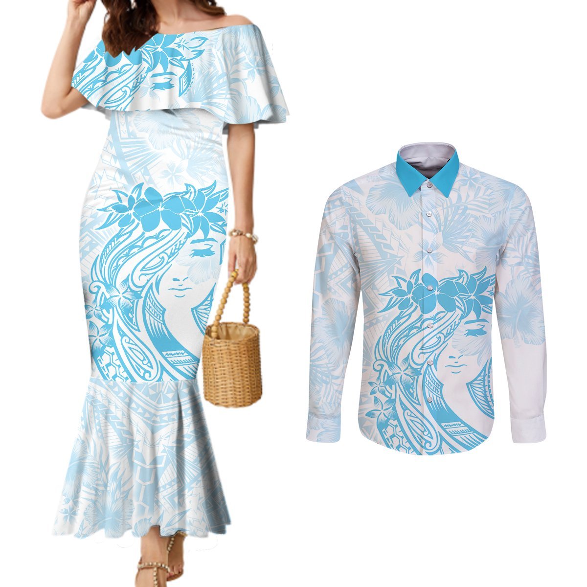 Polynesian Women's Day Couples Matching Mermaid Dress and Long Sleeve Button Shirt Plumeria Passion - Turquoise LT7 Turquoise - Polynesian Pride