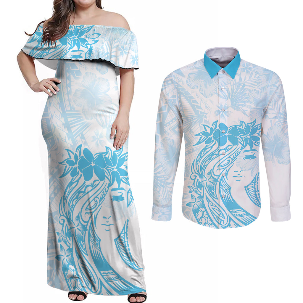 Polynesian Women's Day Couples Matching Off Shoulder Maxi Dress and Long Sleeve Button Shirt Plumeria Passion - Turquoise LT7 Turquoise - Polynesian Pride