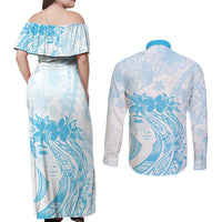 Polynesian Women's Day Couples Matching Off Shoulder Maxi Dress and Long Sleeve Button Shirt Plumeria Passion - Turquoise LT7 - Polynesian Pride