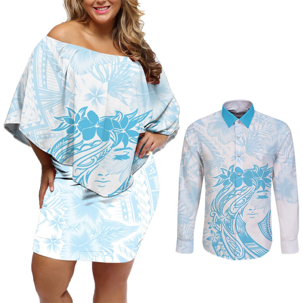 Polynesian Women's Day Couples Matching Off Shoulder Short Dress and Long Sleeve Button Shirt Plumeria Passion - Turquoise LT7 Turquoise - Polynesian Pride