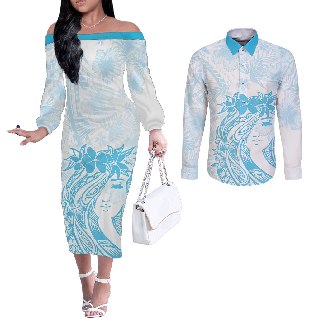 Polynesian Women's Day Couples Matching Off The Shoulder Long Sleeve Dress and Long Sleeve Button Shirt Plumeria Passion - Turquoise LT7 Turquoise - Polynesian Pride