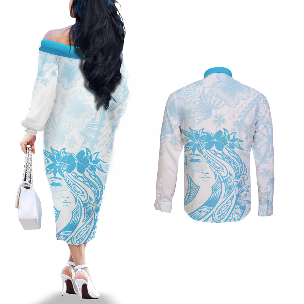 Polynesian Women's Day Couples Matching Off The Shoulder Long Sleeve Dress and Long Sleeve Button Shirt Plumeria Passion - Turquoise LT7 - Polynesian Pride