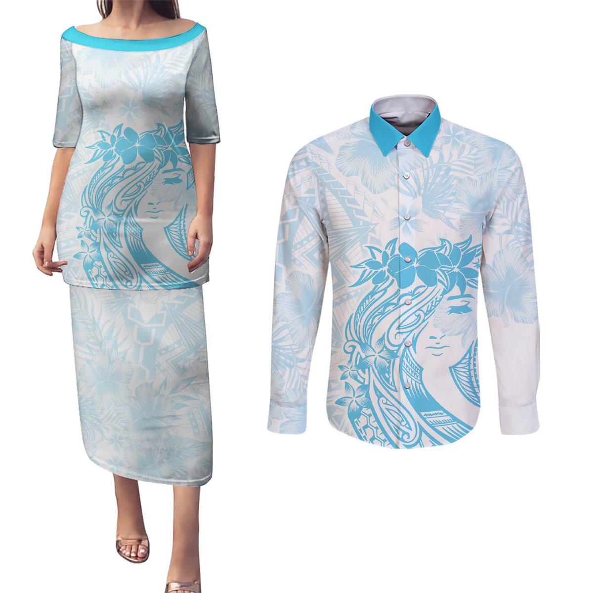 Polynesian Women's Day Couples Matching Puletasi and Long Sleeve Button Shirt Plumeria Passion - Turquoise LT7 Turquoise - Polynesian Pride