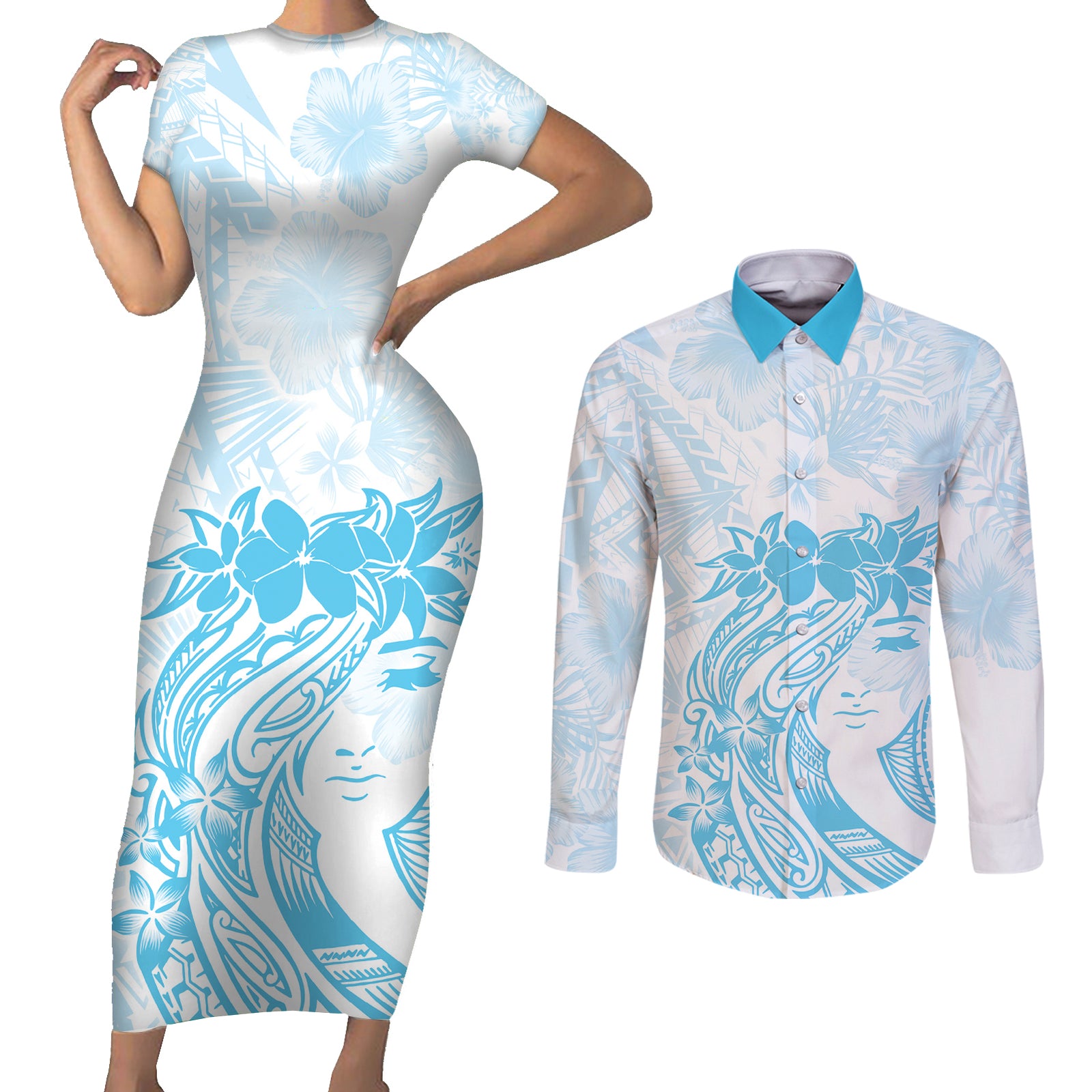 Polynesian Women's Day Couples Matching Short Sleeve Bodycon Dress and Long Sleeve Button Shirt Plumeria Passion - Turquoise LT7 Turquoise - Polynesian Pride