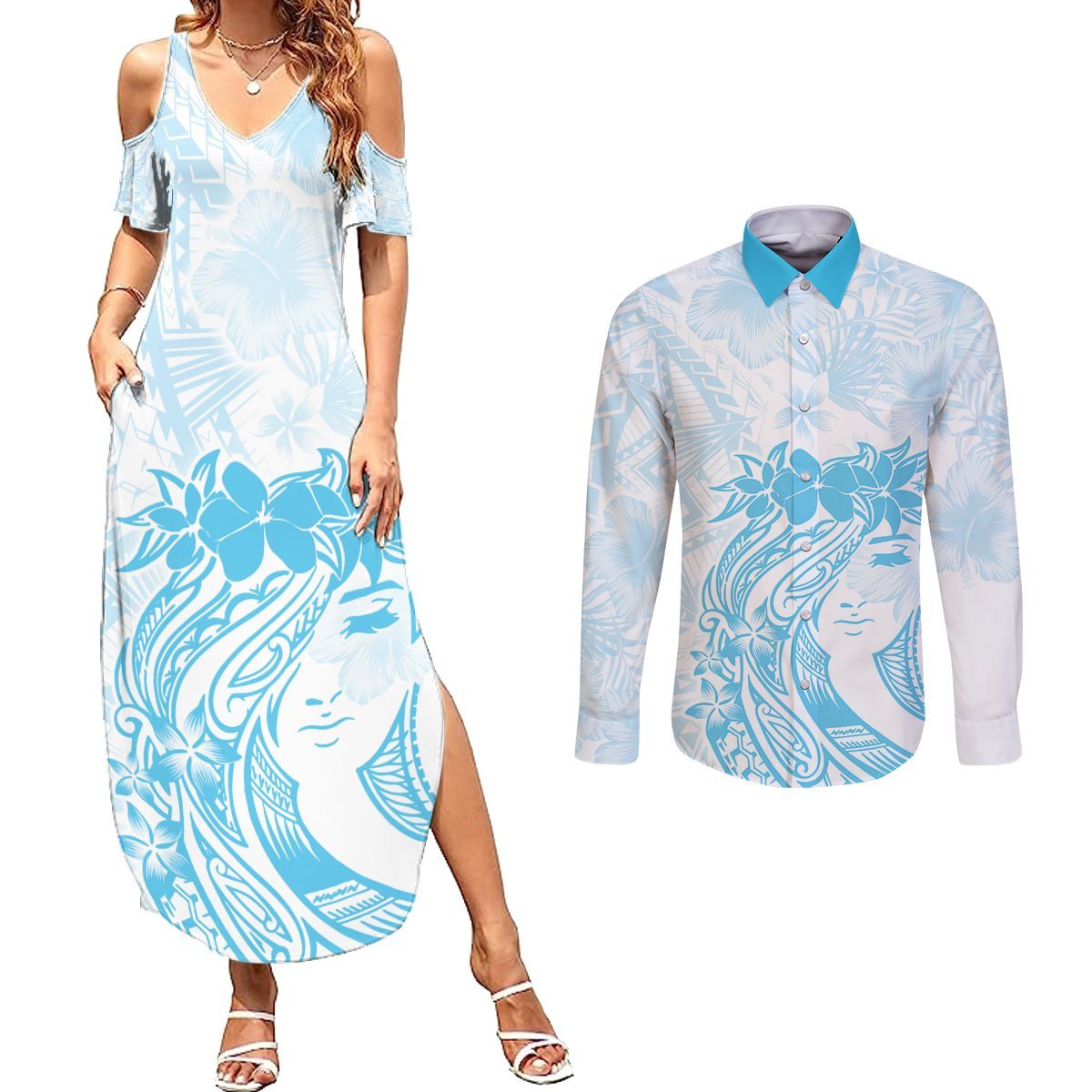Polynesian Women's Day Couples Matching Summer Maxi Dress and Long Sleeve Button Shirt Plumeria Passion - Turquoise LT7 Turquoise - Polynesian Pride