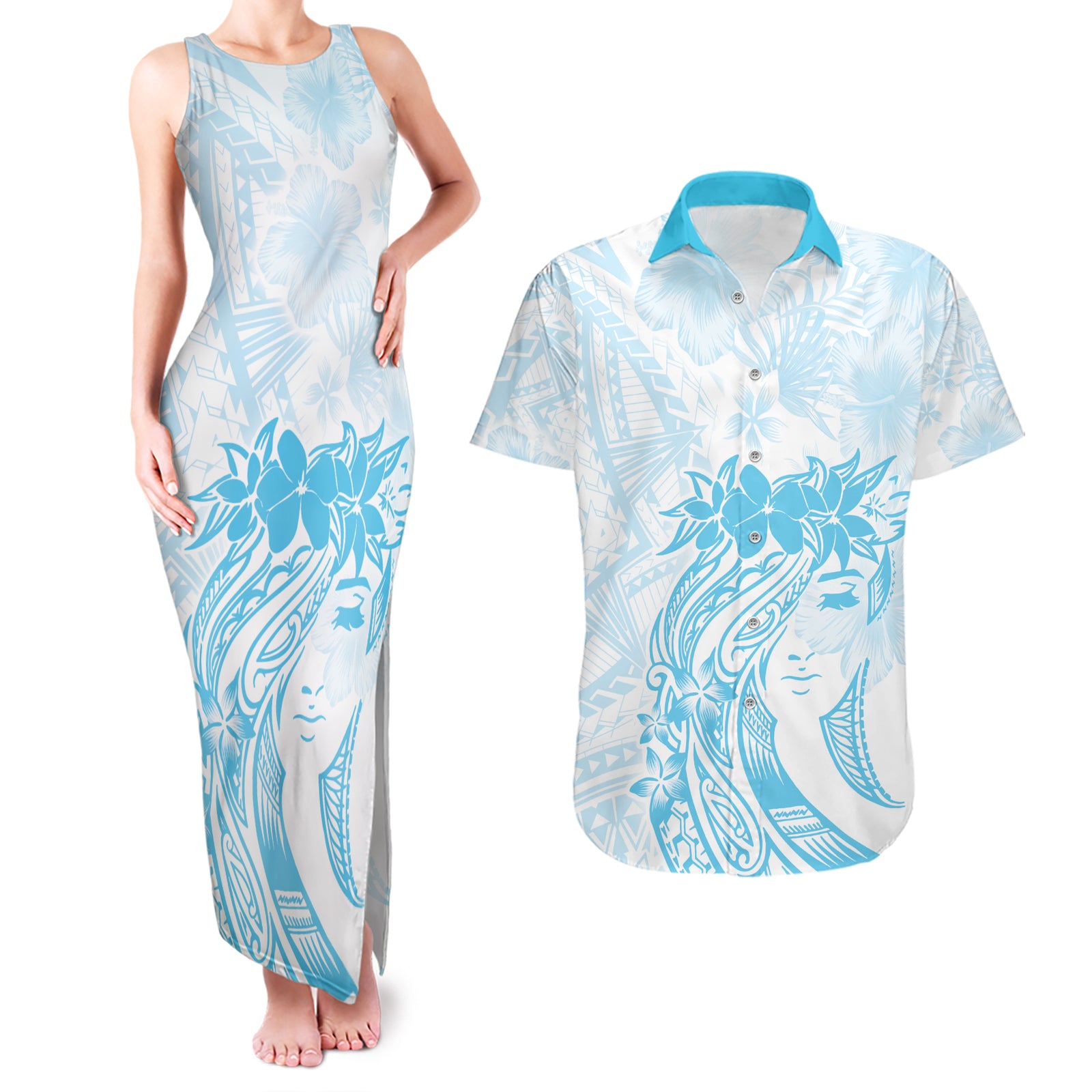 Polynesian Women's Day Couples Matching Tank Maxi Dress and Hawaiian Shirt Plumeria Passion - Turquoise LT7 Turquoise - Polynesian Pride