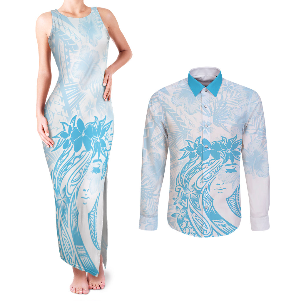 Polynesian Women's Day Couples Matching Tank Maxi Dress and Long Sleeve Button Shirt Plumeria Passion - Turquoise LT7 Turquoise - Polynesian Pride