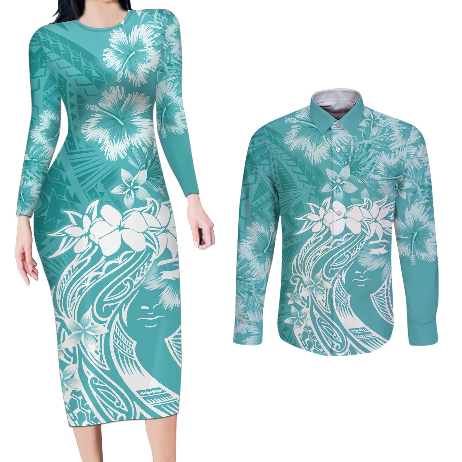 Polynesian Women's Day Couples Matching Long Sleeve Bodycon Dress and Long Sleeve Button Shirt Plumeria Passion - Teal LT7 Teal - Polynesian Pride