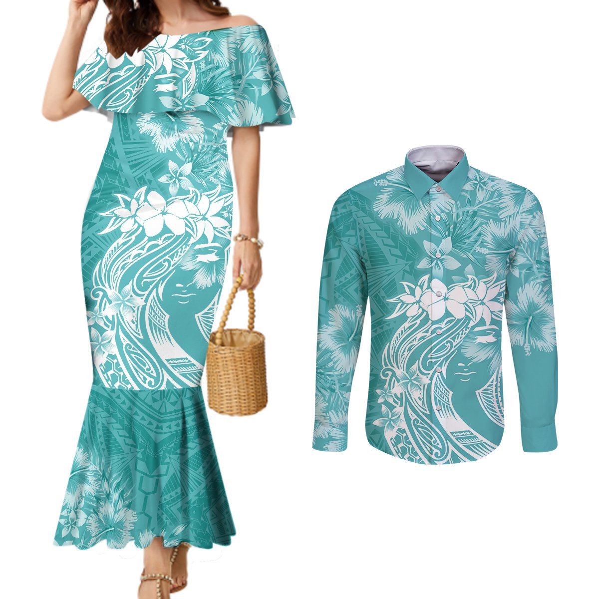 Polynesian Women's Day Couples Matching Mermaid Dress and Long Sleeve Button Shirt Plumeria Passion - Teal LT7 Teal - Polynesian Pride