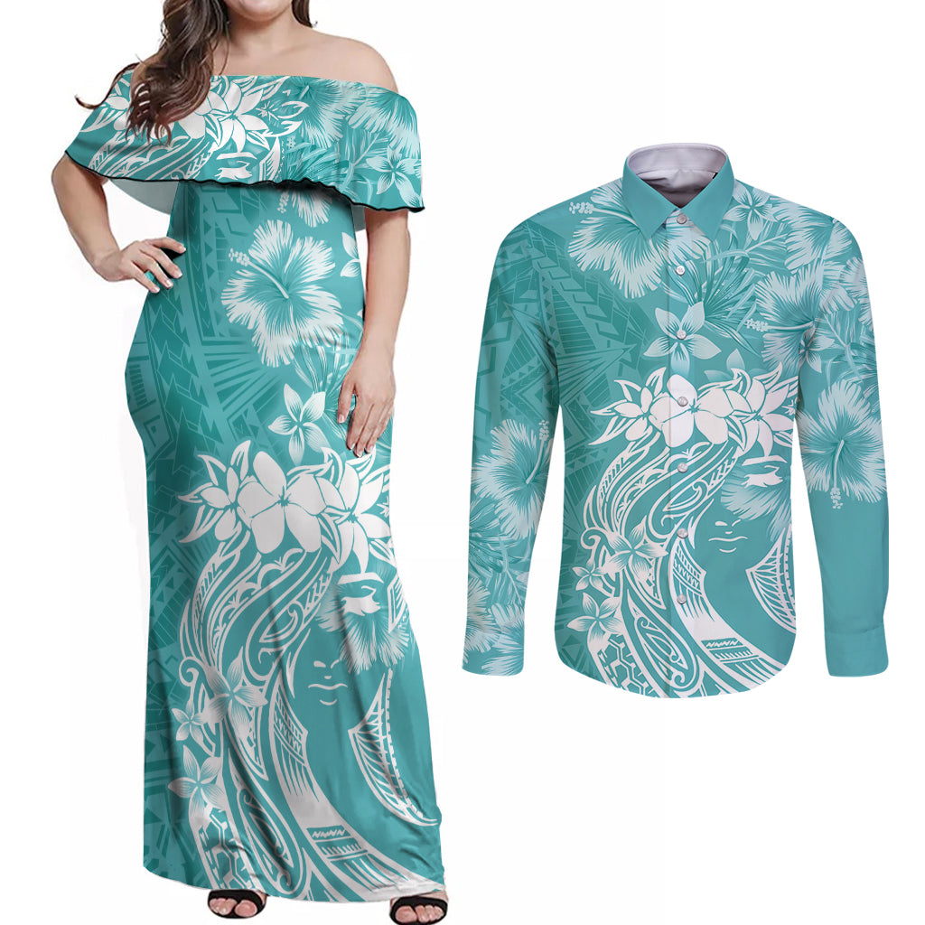 Polynesian Women's Day Couples Matching Off Shoulder Maxi Dress and Long Sleeve Button Shirt Plumeria Passion - Teal LT7 Teal - Polynesian Pride