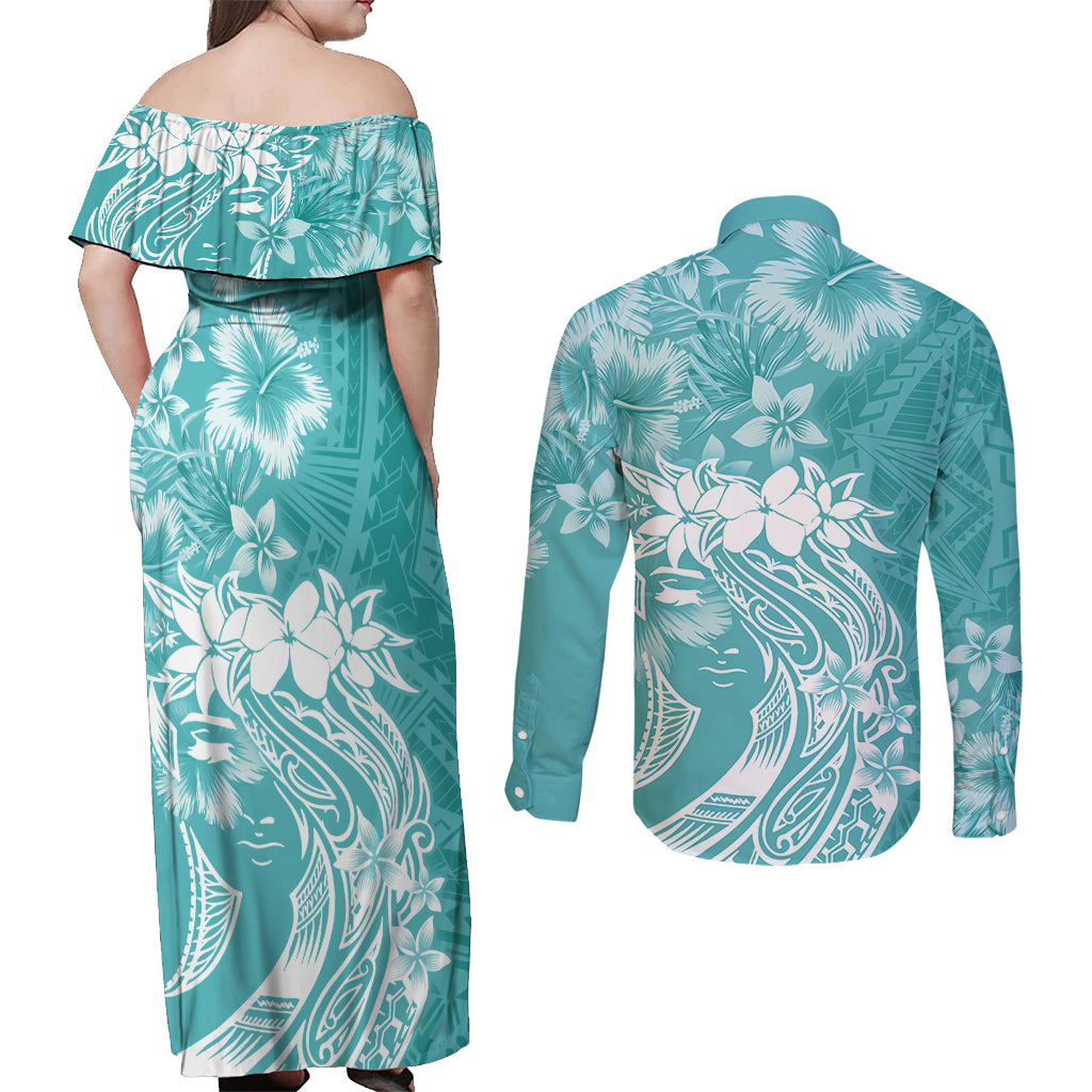 Polynesian Women's Day Couples Matching Off Shoulder Maxi Dress and Long Sleeve Button Shirt Plumeria Passion - Teal LT7 - Polynesian Pride