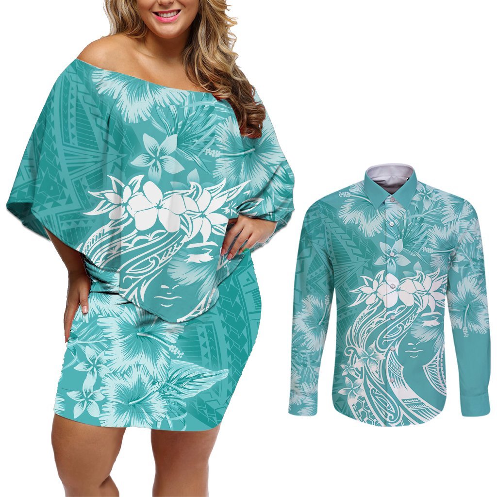 Polynesian Women's Day Couples Matching Off Shoulder Short Dress and Long Sleeve Button Shirt Plumeria Passion - Teal LT7 Teal - Polynesian Pride