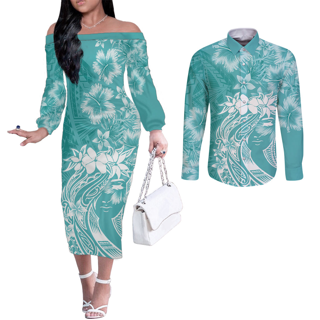 Polynesian Women's Day Couples Matching Off The Shoulder Long Sleeve Dress and Long Sleeve Button Shirt Plumeria Passion - Teal LT7 Teal - Polynesian Pride
