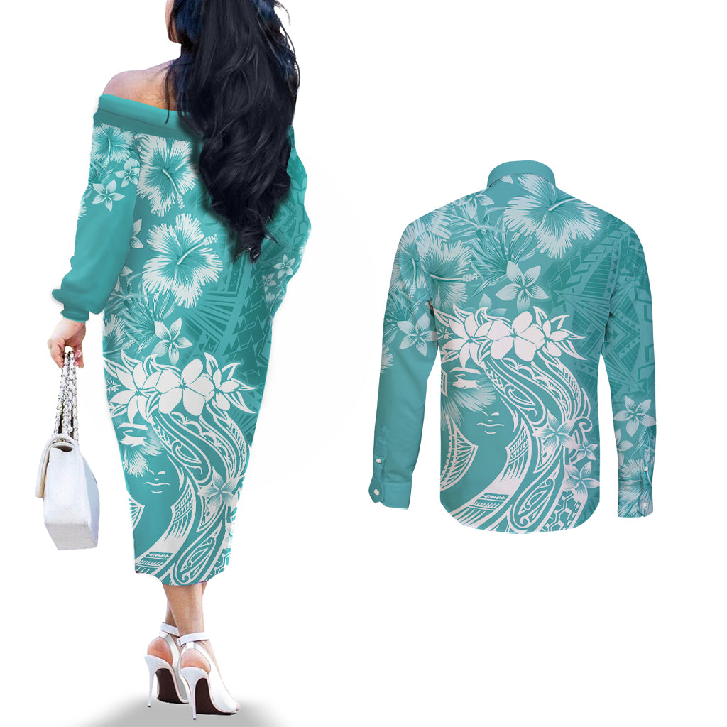 Polynesian Women's Day Couples Matching Off The Shoulder Long Sleeve Dress and Long Sleeve Button Shirt Plumeria Passion - Teal LT7 - Polynesian Pride