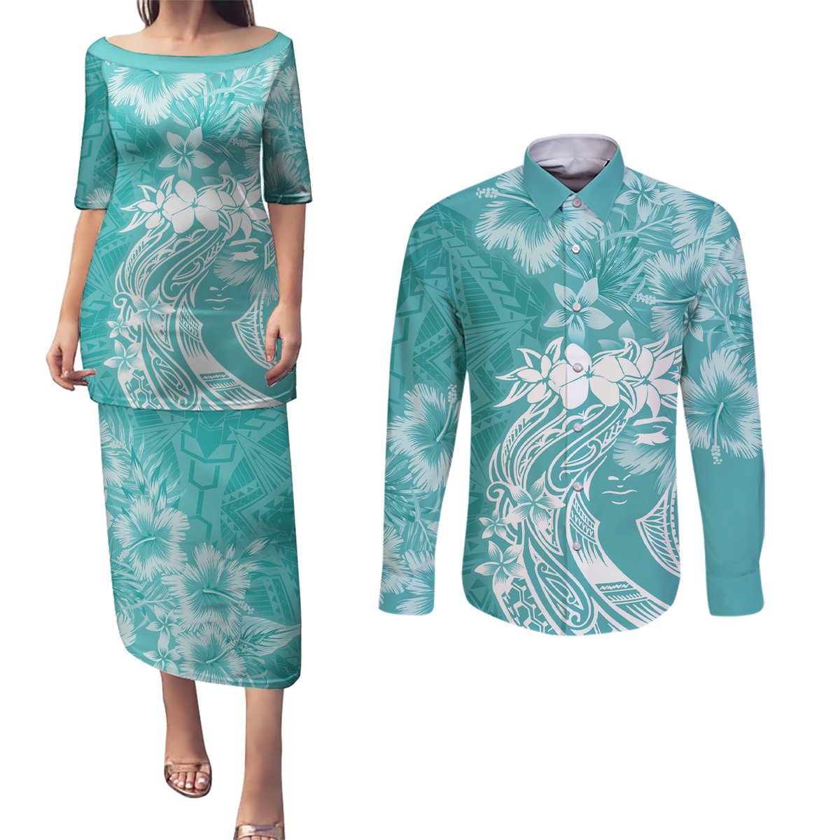 Polynesian Women's Day Couples Matching Puletasi and Long Sleeve Button Shirt Plumeria Passion - Teal LT7 Teal - Polynesian Pride
