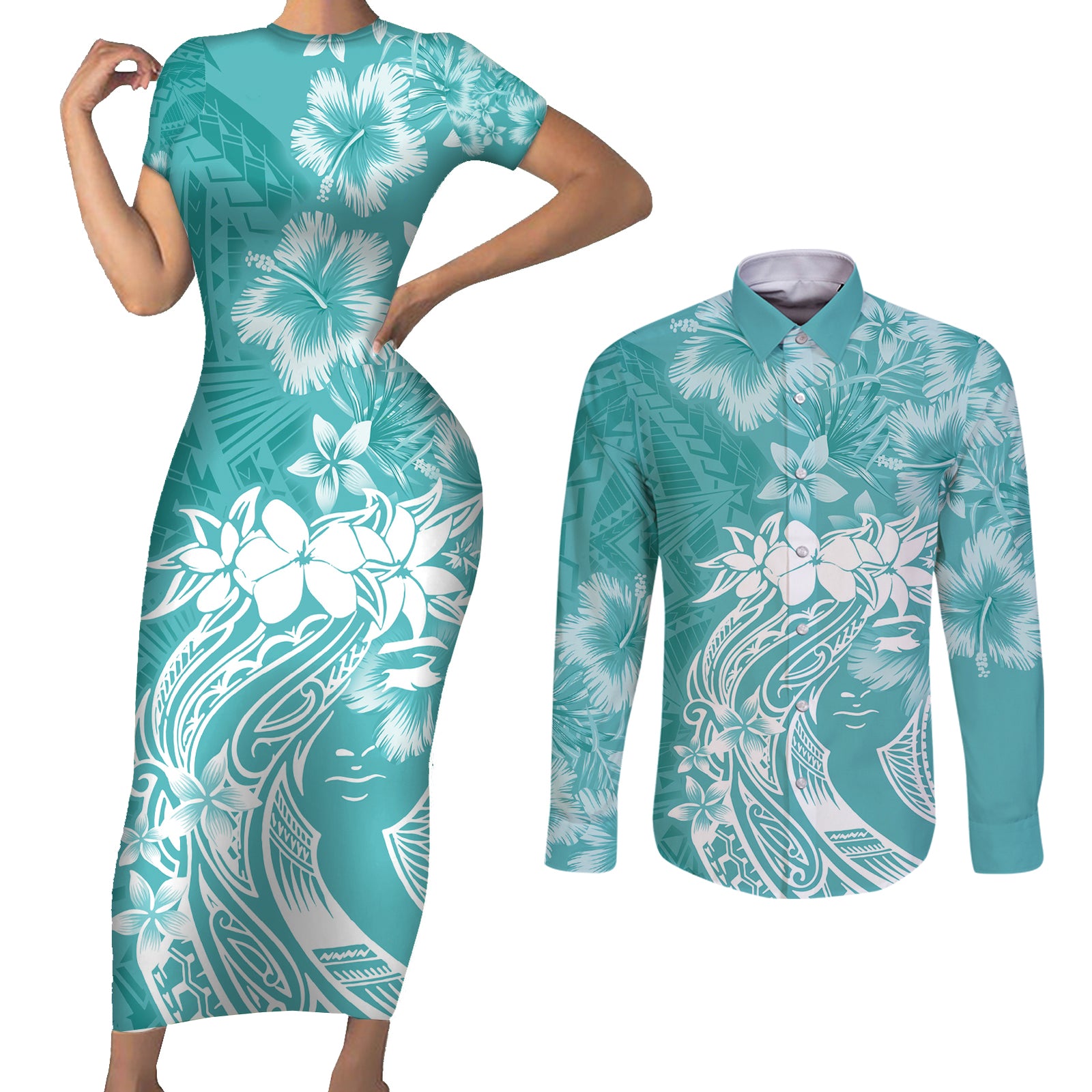 Polynesian Women's Day Couples Matching Short Sleeve Bodycon Dress and Long Sleeve Button Shirt Plumeria Passion - Teal LT7 Teal - Polynesian Pride