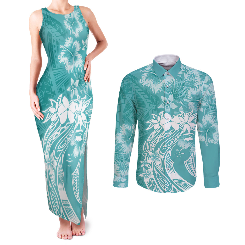 Polynesian Women's Day Couples Matching Tank Maxi Dress and Long Sleeve Button Shirt Plumeria Passion - Teal LT7 Teal - Polynesian Pride