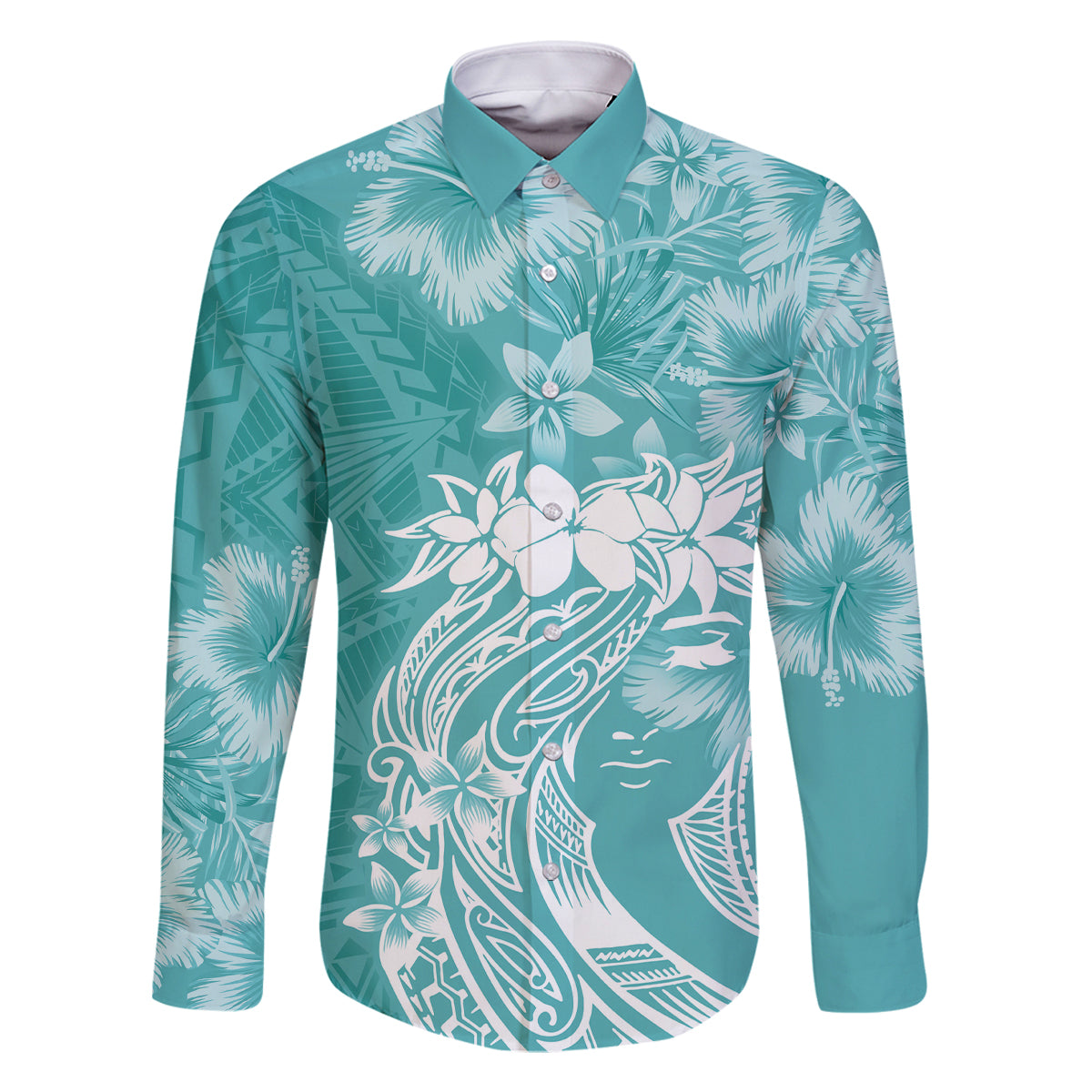 Polynesian Women's Day Family Matching Mermaid Dress and Hawaiian Shirt Plumeria Passion - Teal LT7 Dad's Shirt - Long Sleeve Teal - Polynesian Pride