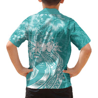 Polynesian Women's Day Family Matching Off Shoulder Long Sleeve Dress and Hawaiian Shirt Plumeria Passion - Teal LT7 - Polynesian Pride