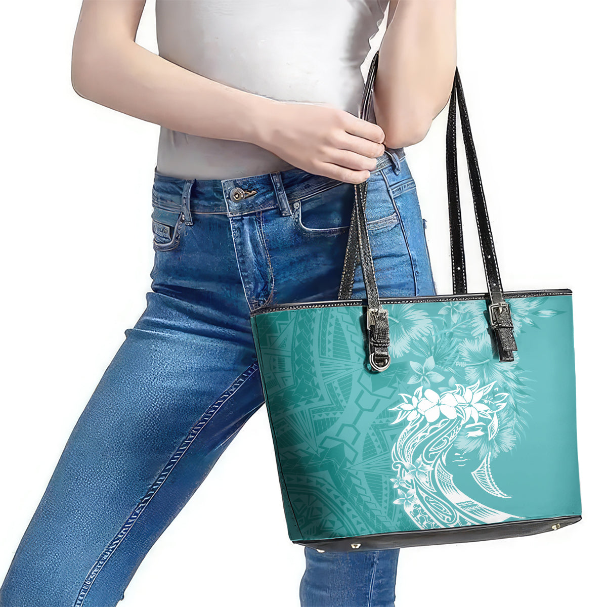 Polynesian Women's Day Leather Tote Bag Plumeria Passion - Teal LT7 - Polynesian Pride