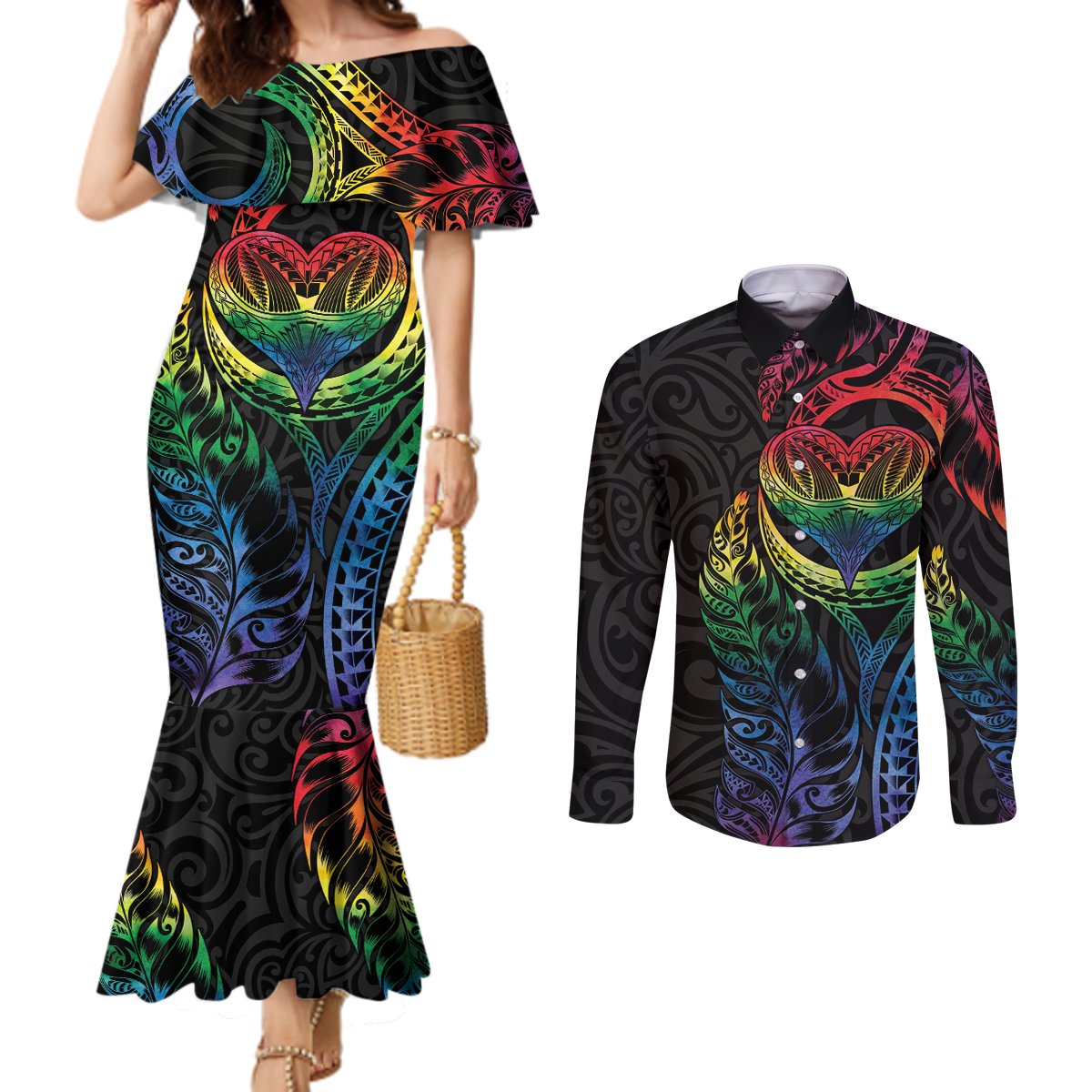 New Zealand Pride Couples Matching Mermaid Dress and Long Sleeve Button Shirt Takatapui Rainbow Fern LT7 Colorful - Polynesian Pride