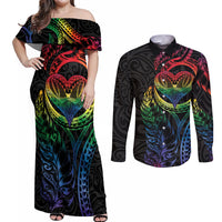 New Zealand Pride Couples Matching Off Shoulder Maxi Dress and Long Sleeve Button Shirt Takatapui Rainbow Fern LT7 Colorful - Polynesian Pride