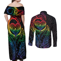 New Zealand Pride Couples Matching Off Shoulder Maxi Dress and Long Sleeve Button Shirt Takatapui Rainbow Fern LT7 - Polynesian Pride