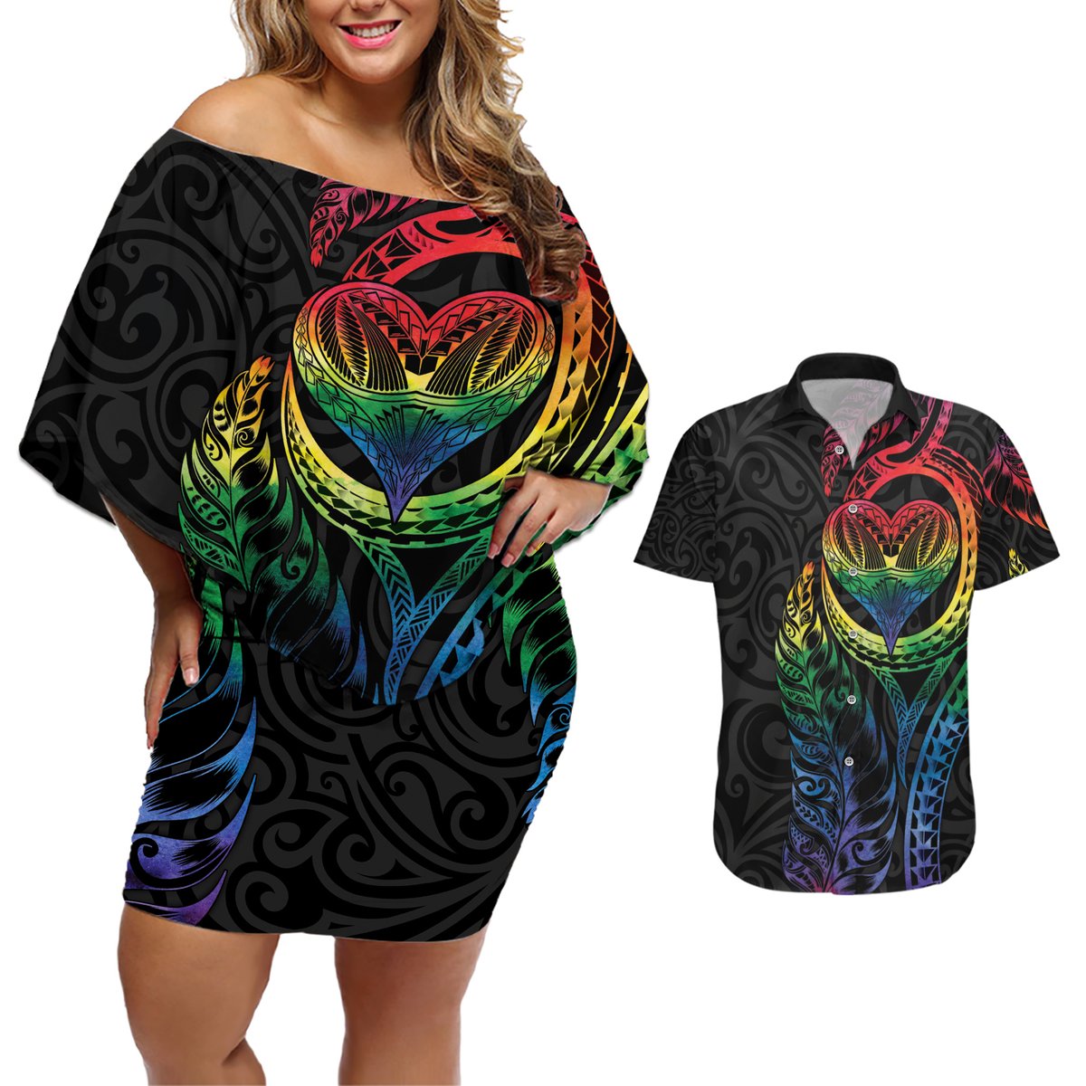 New Zealand Pride Couples Matching Off Shoulder Short Dress and Hawaiian Shirt Takatapui Rainbow Fern LT7 Colorful - Polynesian Pride