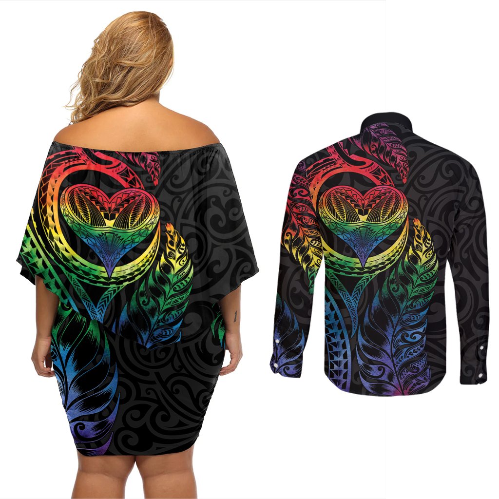 New Zealand Pride Couples Matching Off Shoulder Short Dress and Long Sleeve Button Shirt Takatapui Rainbow Fern LT7 - Polynesian Pride