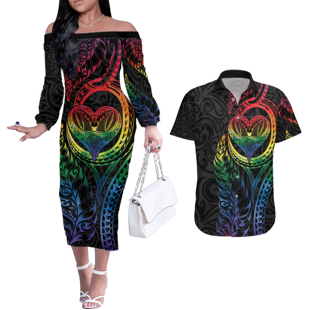 New Zealand Pride Couples Matching Off The Shoulder Long Sleeve Dress and Hawaiian Shirt Takatapui Rainbow Fern LT7 Colorful - Polynesian Pride