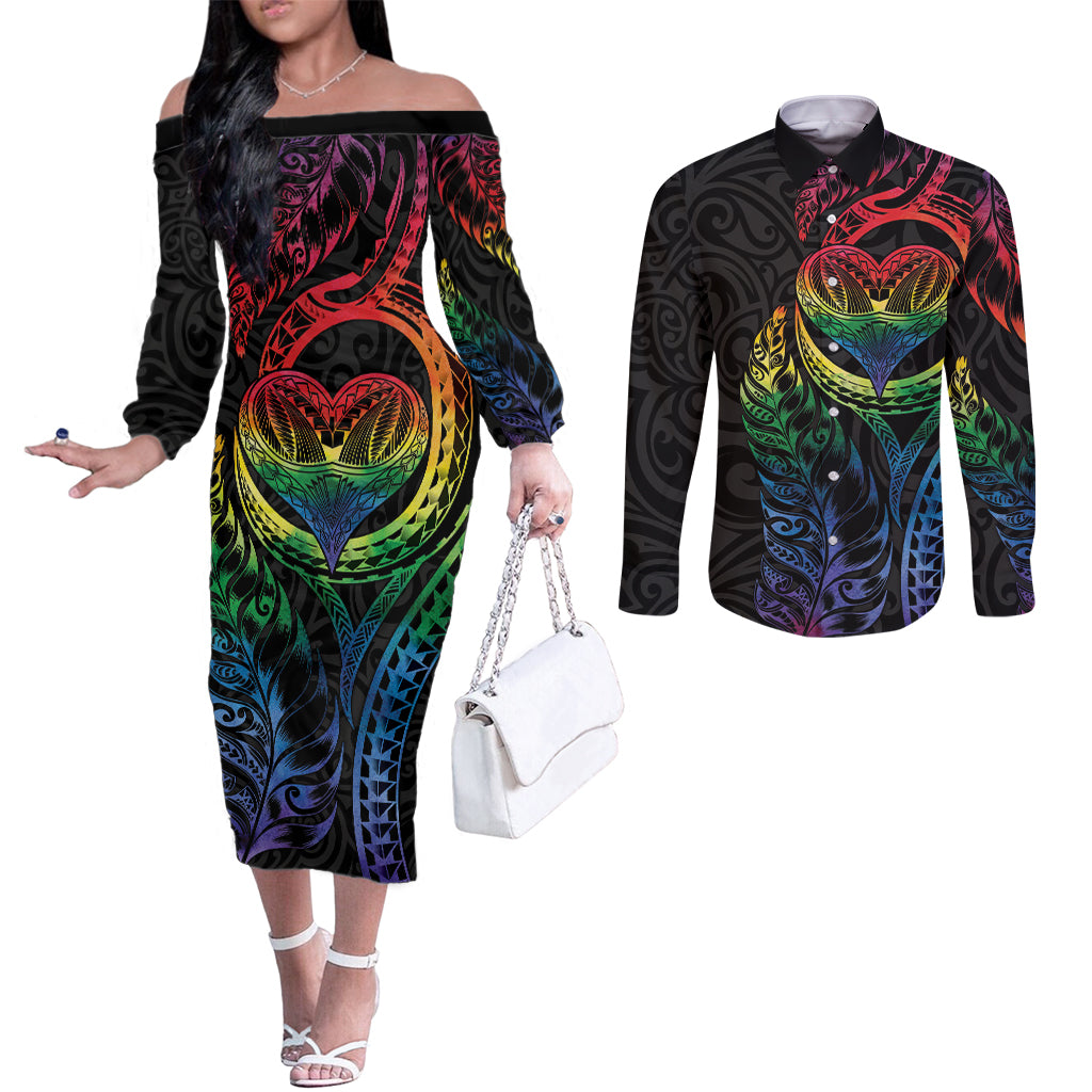 New Zealand Pride Couples Matching Off The Shoulder Long Sleeve Dress and Long Sleeve Button Shirt Takatapui Rainbow Fern LT7 Colorful - Polynesian Pride