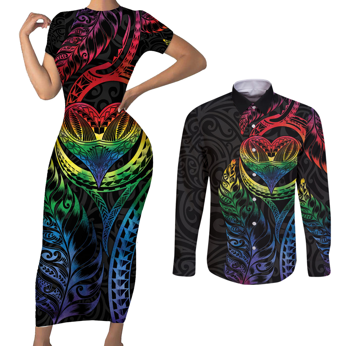 New Zealand Pride Couples Matching Short Sleeve Bodycon Dress and Long Sleeve Button Shirt Takatapui Rainbow Fern LT7 Colorful - Polynesian Pride