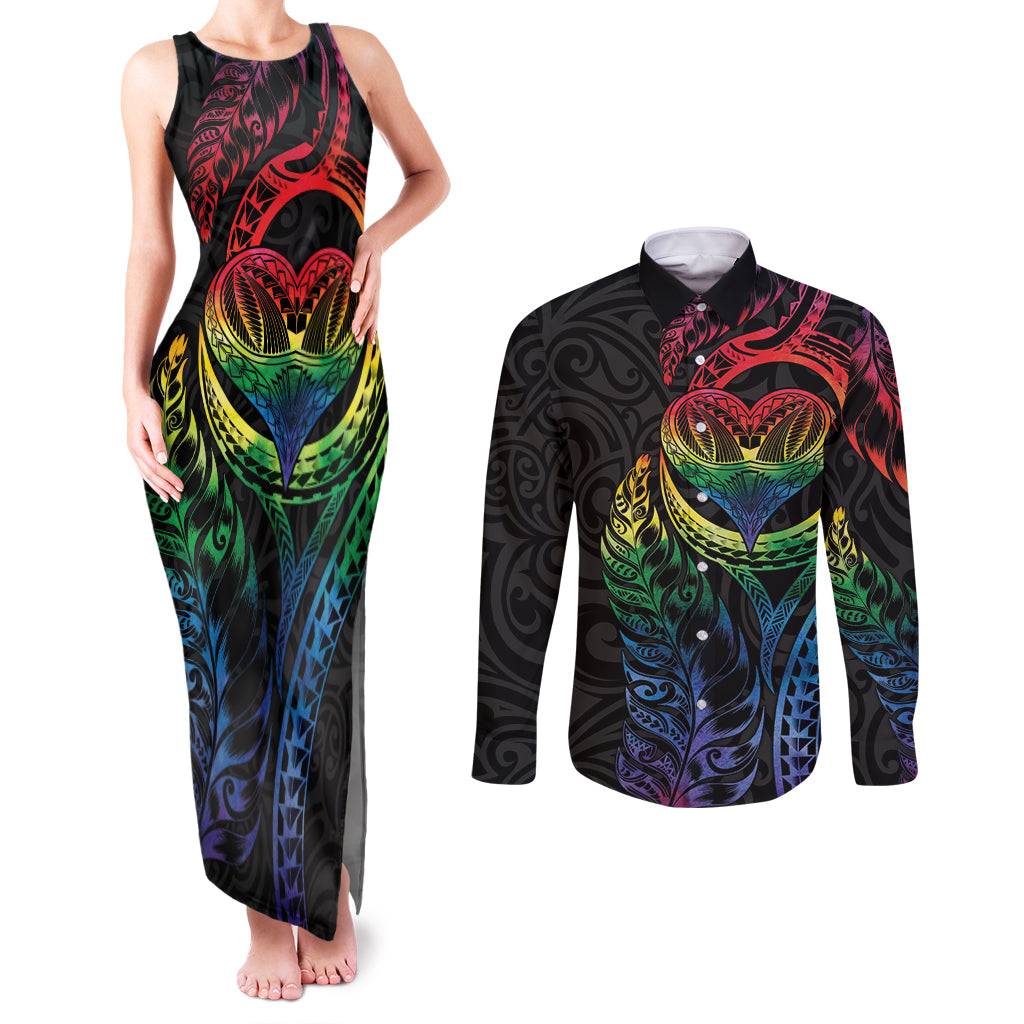 New Zealand Pride Couples Matching Tank Maxi Dress and Long Sleeve Button Shirt Takatapui Rainbow Fern LT7 Colorful - Polynesian Pride