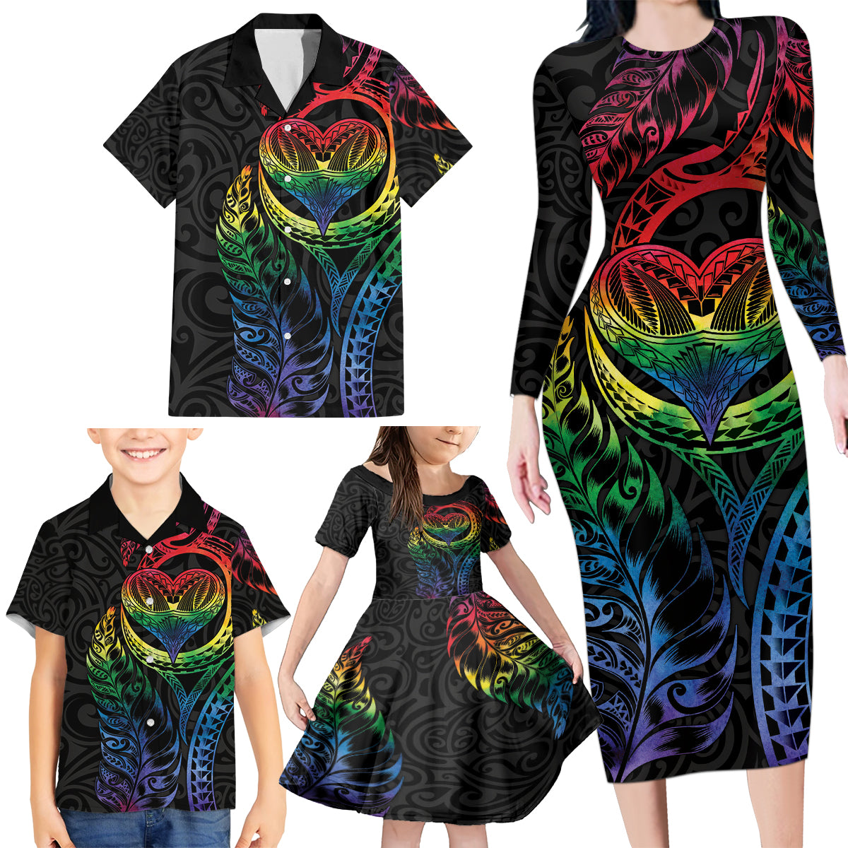 New Zealand Pride Family Matching Long Sleeve Bodycon Dress and Hawaiian Shirt Takatapui Rainbow Fern LT7 - Polynesian Pride