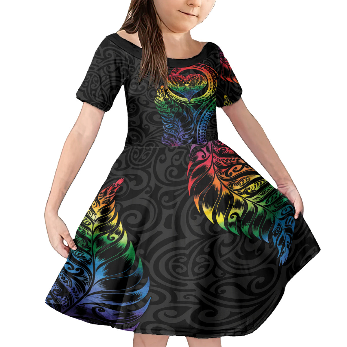 New Zealand Pride Family Matching Mermaid Dress and Hawaiian Shirt Takatapui Rainbow Fern LT7 Daughter's Dress Colorful - Polynesian Pride