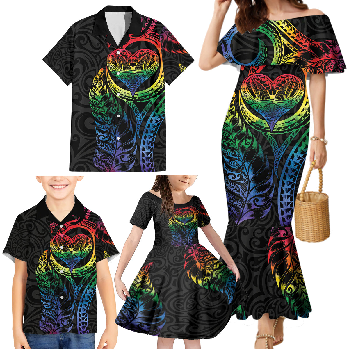 New Zealand Pride Family Matching Mermaid Dress and Hawaiian Shirt Takatapui Rainbow Fern LT7 - Polynesian Pride