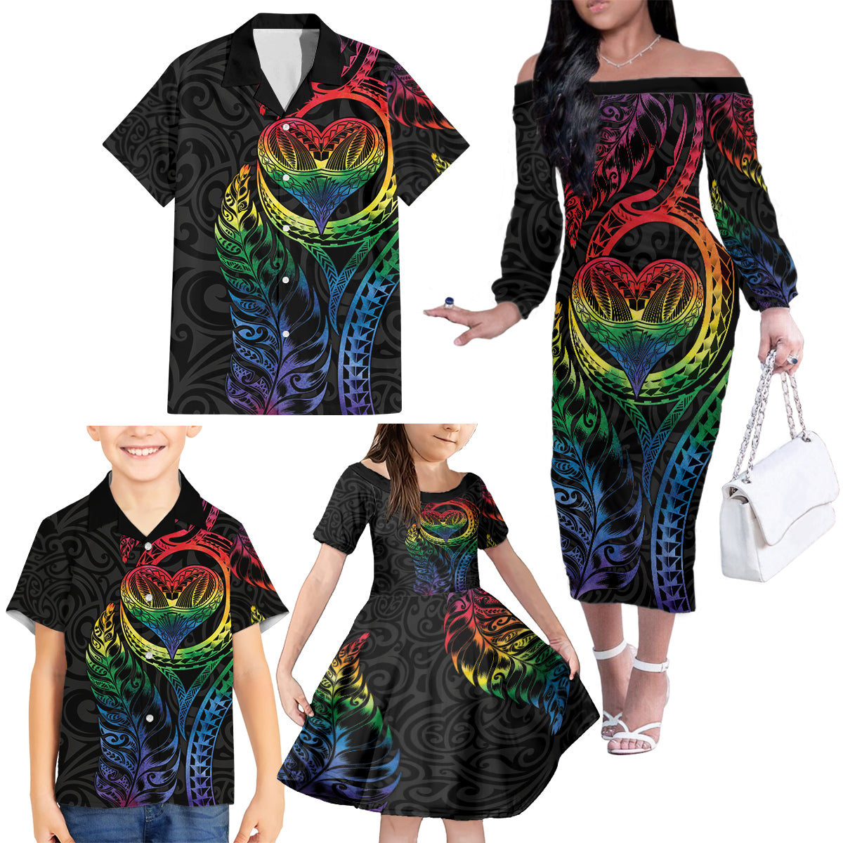 New Zealand Pride Family Matching Off The Shoulder Long Sleeve Dress and Hawaiian Shirt Takatapui Rainbow Fern LT7 - Polynesian Pride