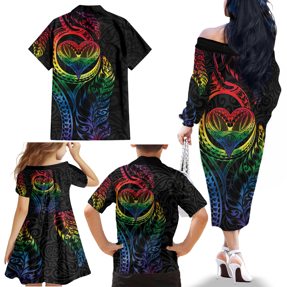 New Zealand Pride Family Matching Off The Shoulder Long Sleeve Dress and Hawaiian Shirt Takatapui Rainbow Fern LT7 - Polynesian Pride