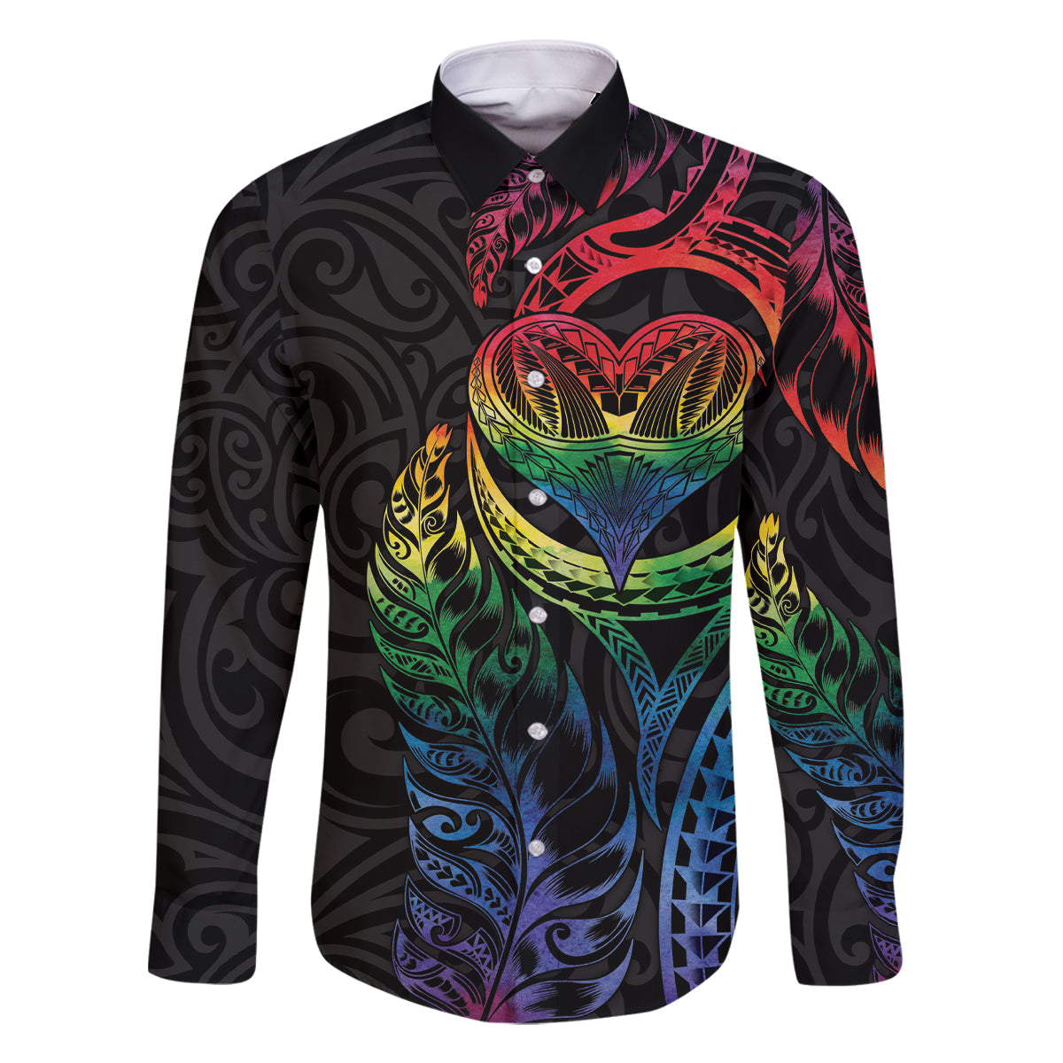 New Zealand Pride Family Matching Off The Shoulder Long Sleeve Dress and Hawaiian Shirt Takatapui Rainbow Fern LT7 Dad's Shirt - Long Sleeve Colorful - Polynesian Pride