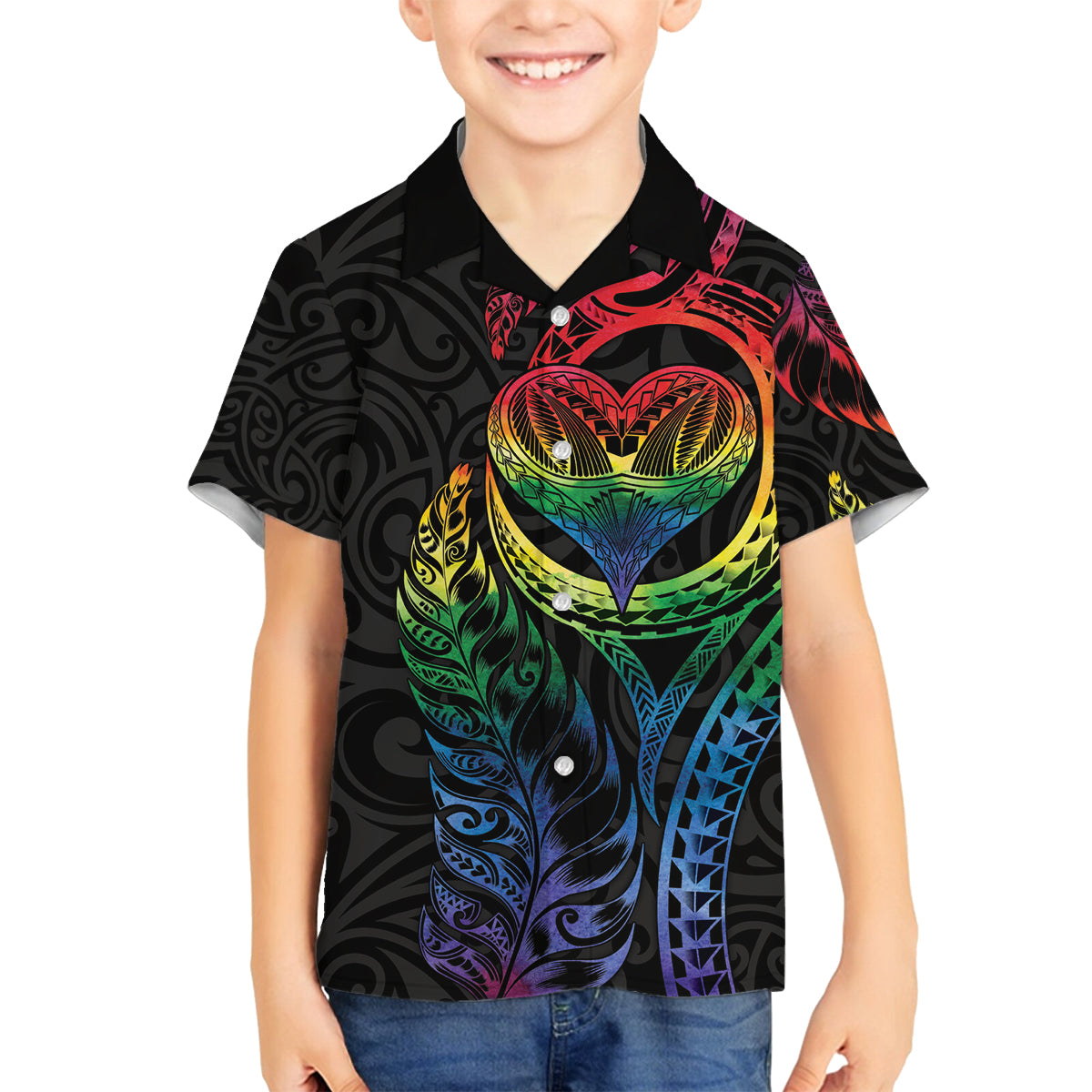 New Zealand Pride Family Matching Off Shoulder Maxi Dress and Hawaiian Shirt Takatapui Rainbow Fern LT7 Son's Shirt Colorful - Polynesian Pride