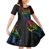 New Zealand Pride Family Matching Off Shoulder Short Dress and Hawaiian Shirt Takatapui Rainbow Fern LT7 Daughter's Dress Colorful - Polynesian Pride