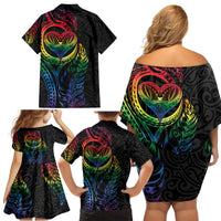 New Zealand Pride Family Matching Off Shoulder Short Dress and Hawaiian Shirt Takatapui Rainbow Fern LT7 - Polynesian Pride