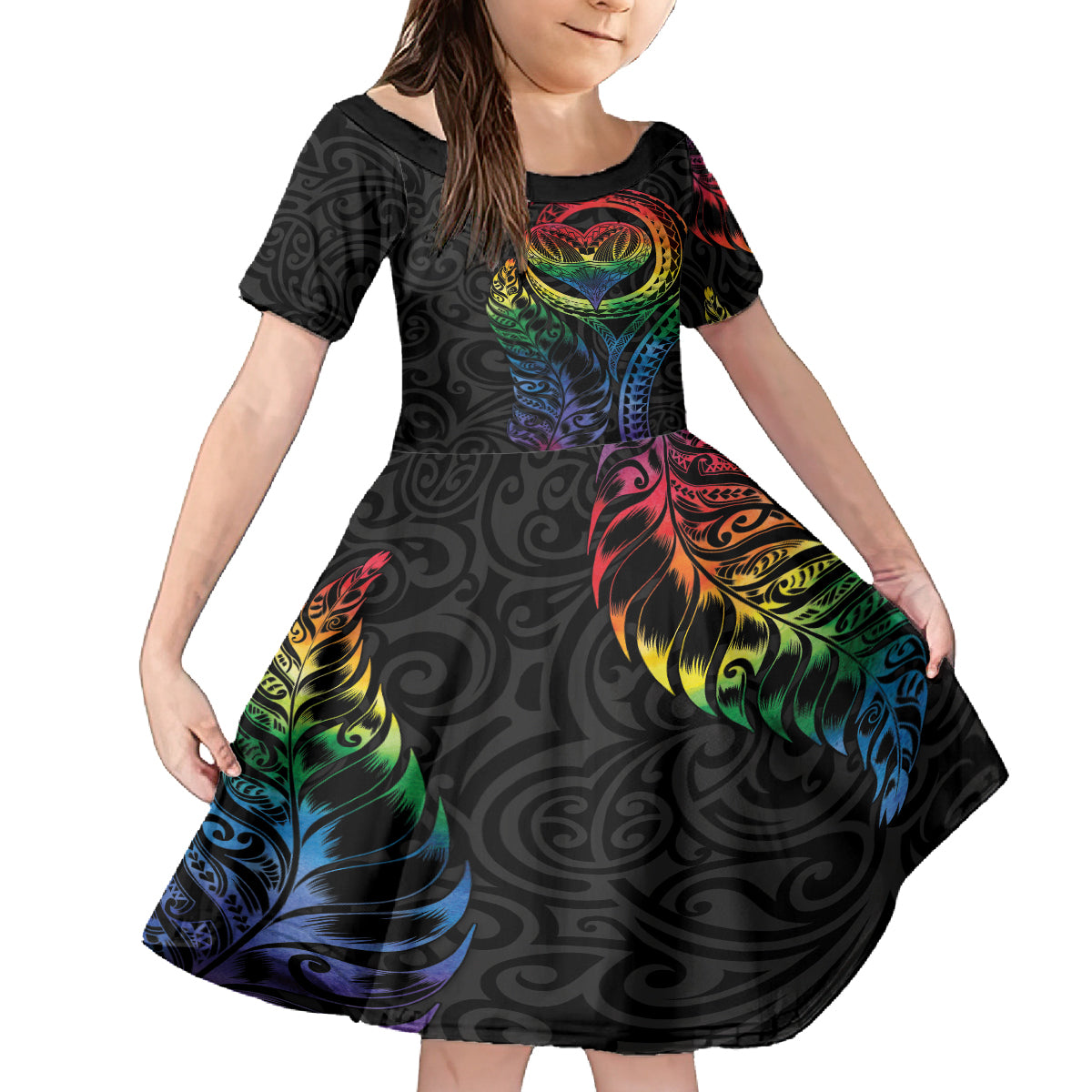 New Zealand Pride Family Matching Tank Maxi Dress and Hawaiian Shirt Takatapui Rainbow Fern LT7 Daughter's Dress Colorful - Polynesian Pride