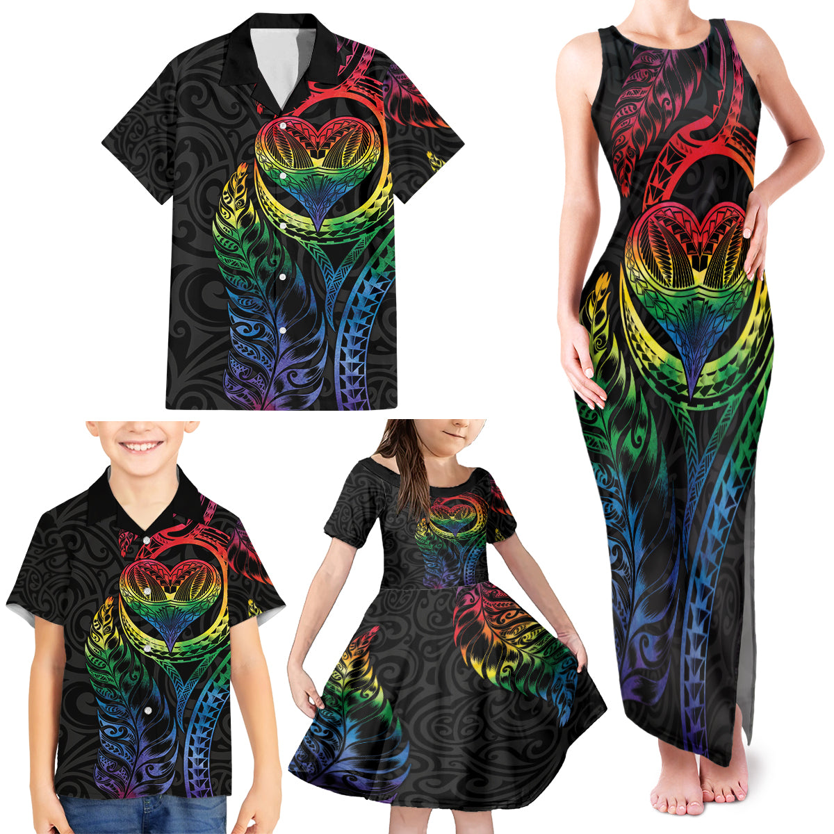 New Zealand Pride Family Matching Tank Maxi Dress and Hawaiian Shirt Takatapui Rainbow Fern LT7 - Polynesian Pride