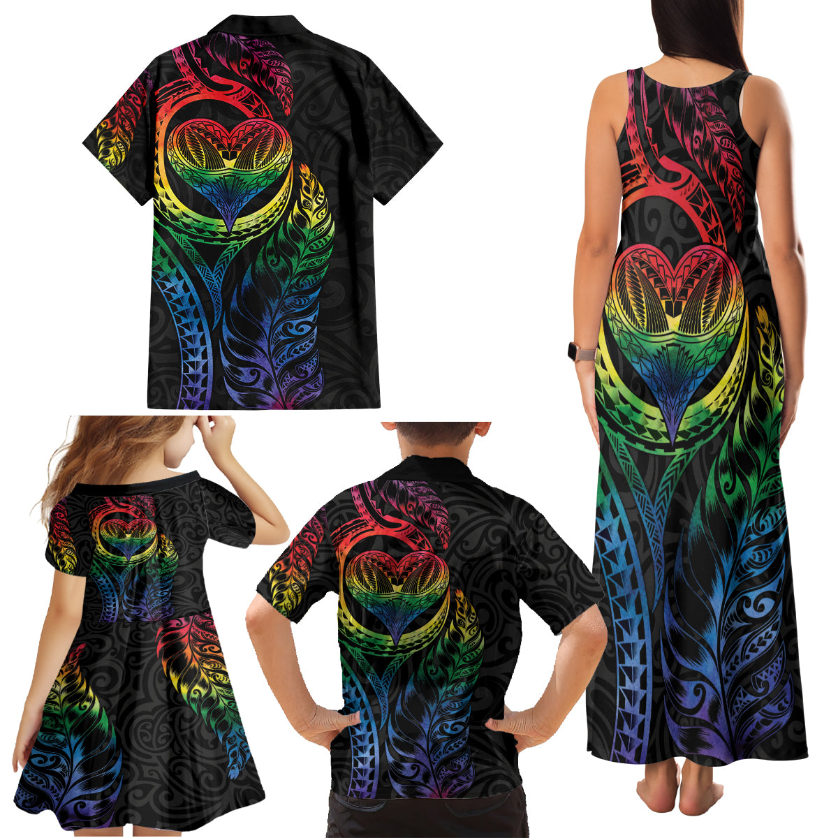 New Zealand Pride Family Matching Tank Maxi Dress and Hawaiian Shirt Takatapui Rainbow Fern LT7 - Polynesian Pride