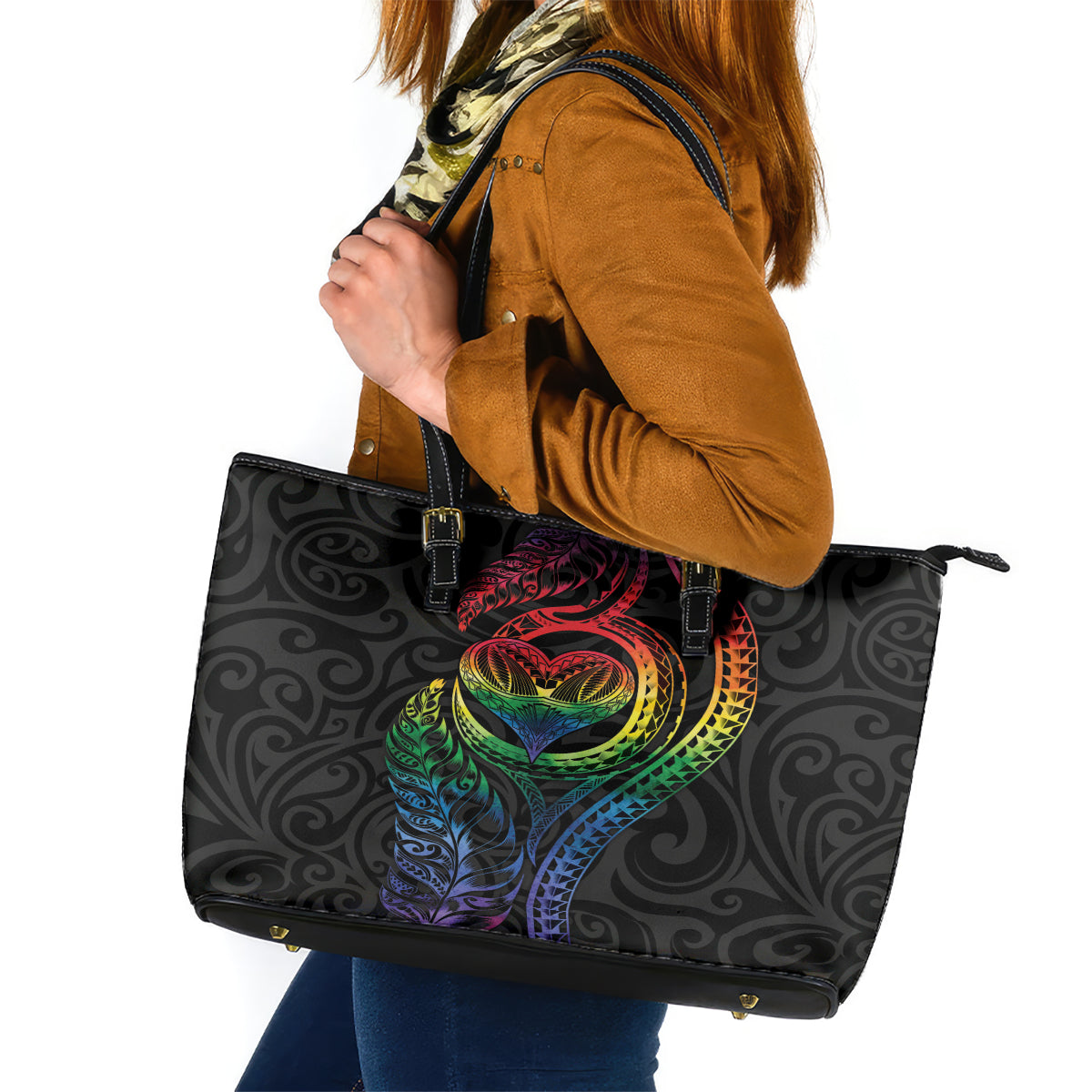 New Zealand Pride Leather Tote Bag Takatapui Rainbow Fern LT7 Colorful - Polynesian Pride