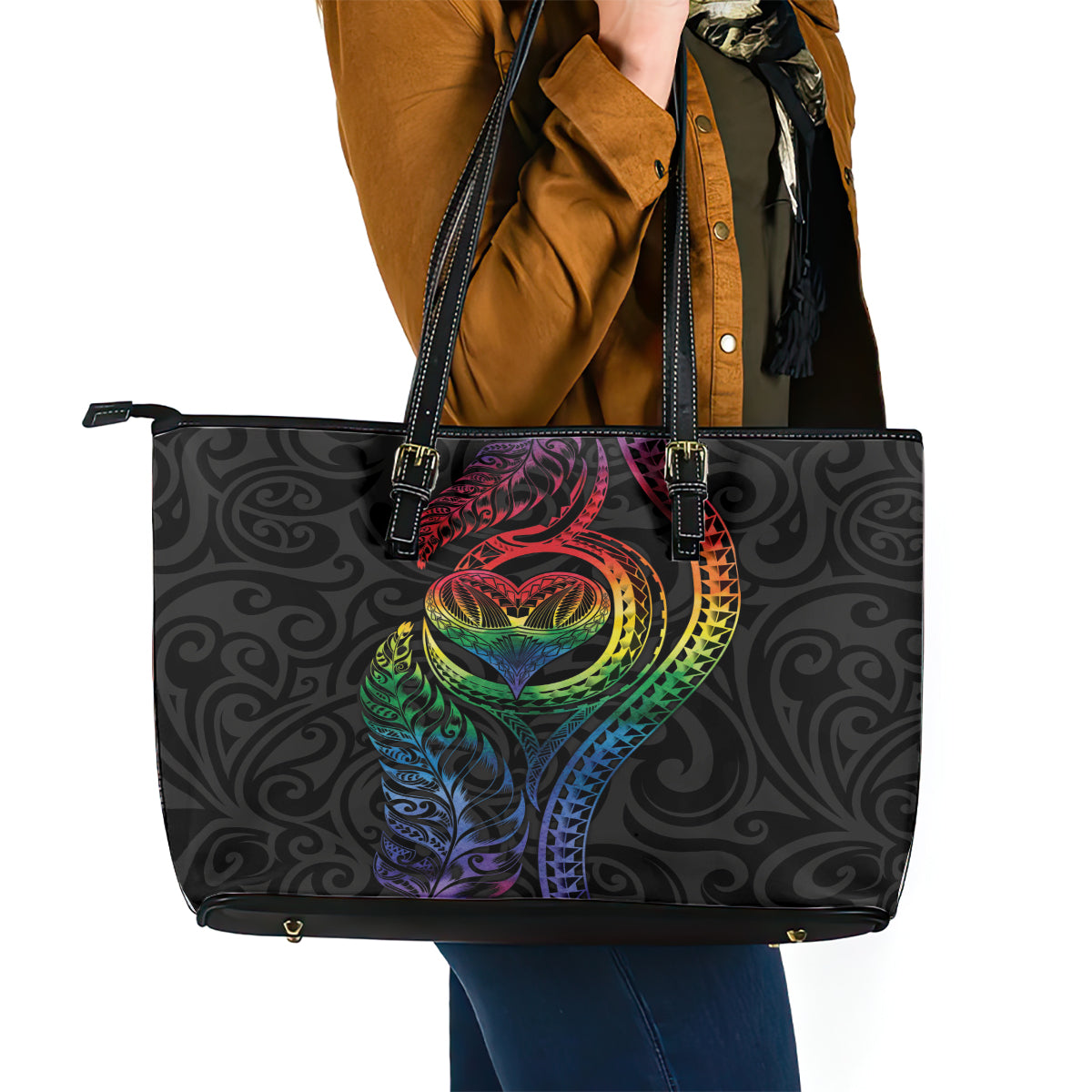 New Zealand Pride Leather Tote Bag Takatapui Rainbow Fern LT7 - Polynesian Pride