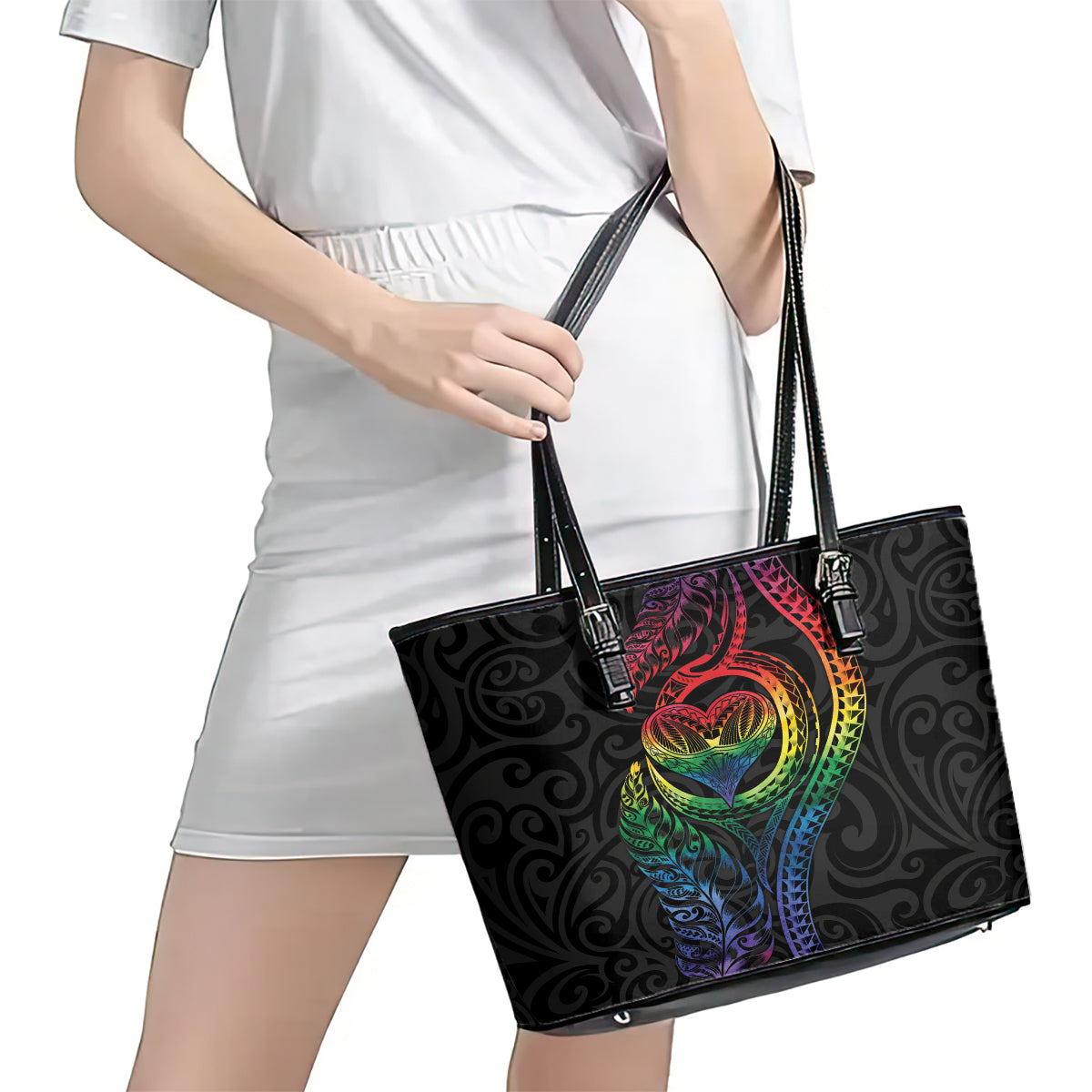 New Zealand Pride Leather Tote Bag Takatapui Rainbow Fern LT7 - Polynesian Pride