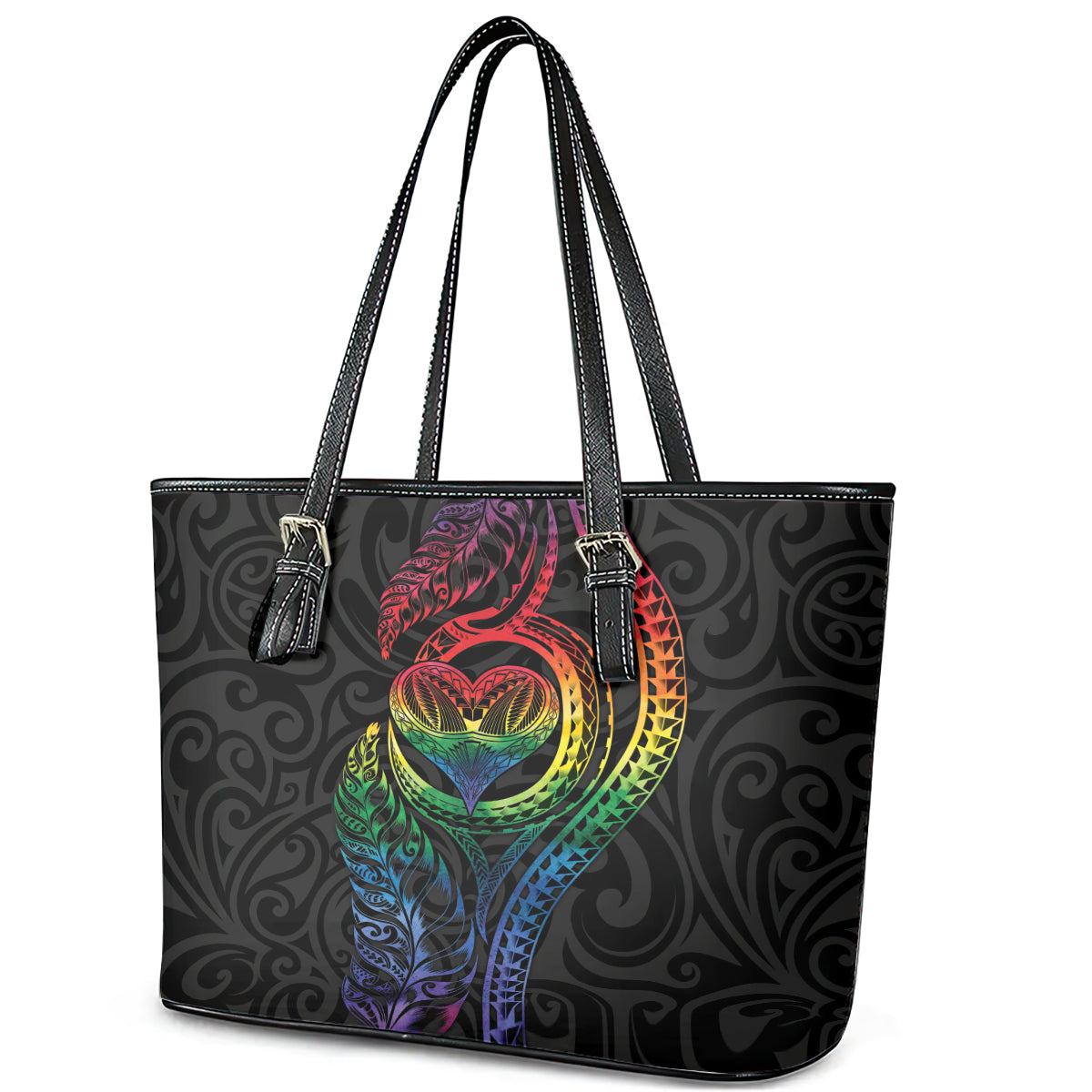 New Zealand Pride Leather Tote Bag Takatapui Rainbow Fern LT7 - Polynesian Pride